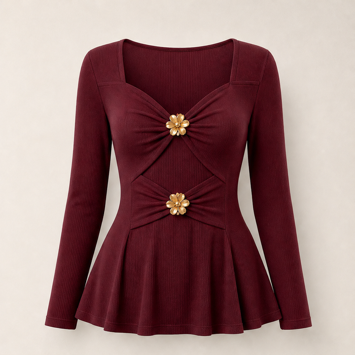 Fleurmont – V-Neck Peplum Top with Metallic Flower Accents + 50% OFF Burgundy