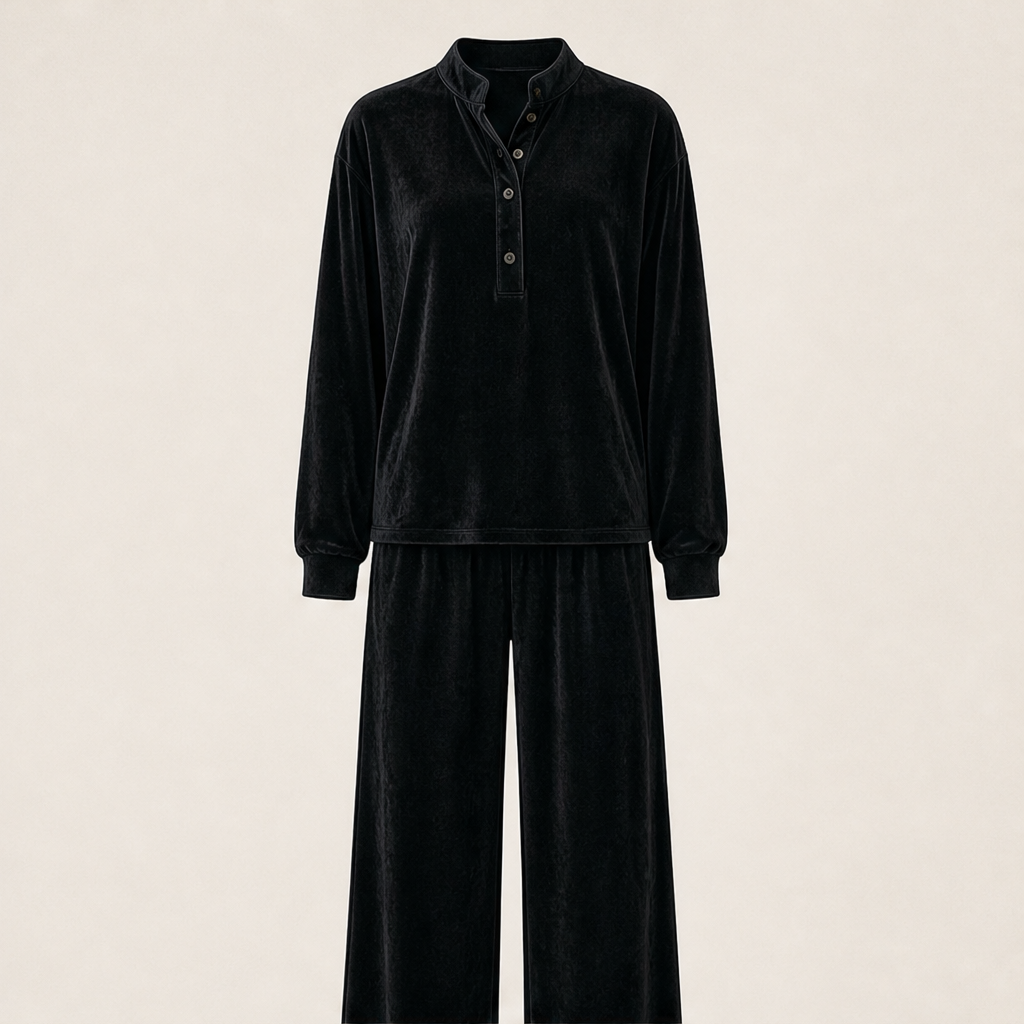 Velourin – Wide-Leg Velour Two-Piece Loungewear Set + 50% OFF Black