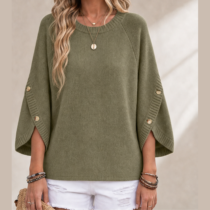 Cassymere – Split-Button Sleeve Oversized Knit Pullover + 50% OFF Olive