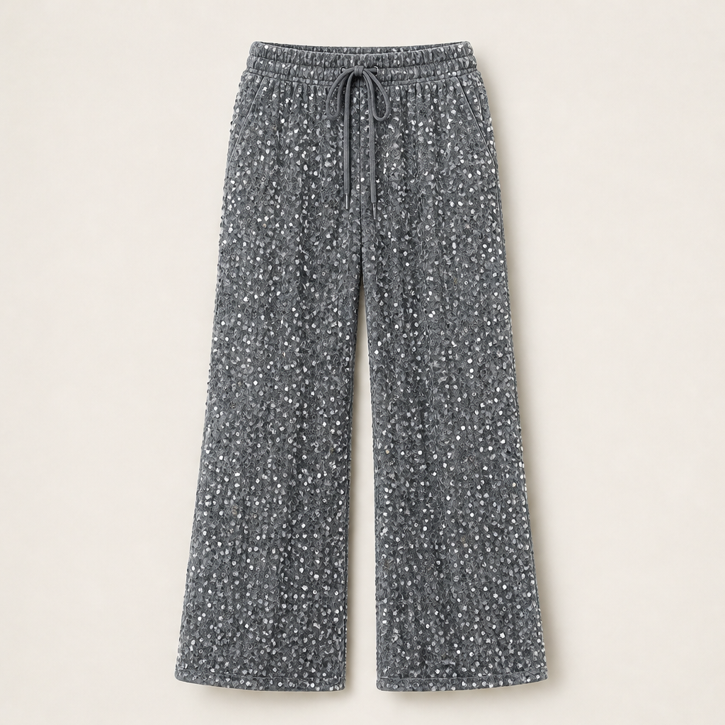 Velvara – Velvet-Backed Sequin Wide-Leg Trousers + 50% OFF Grey