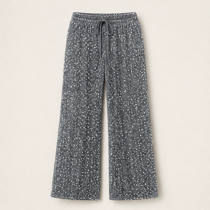 Velvara – Velvet-Backed Sequin Wide-Leg Trousers + 50% OFF Grey