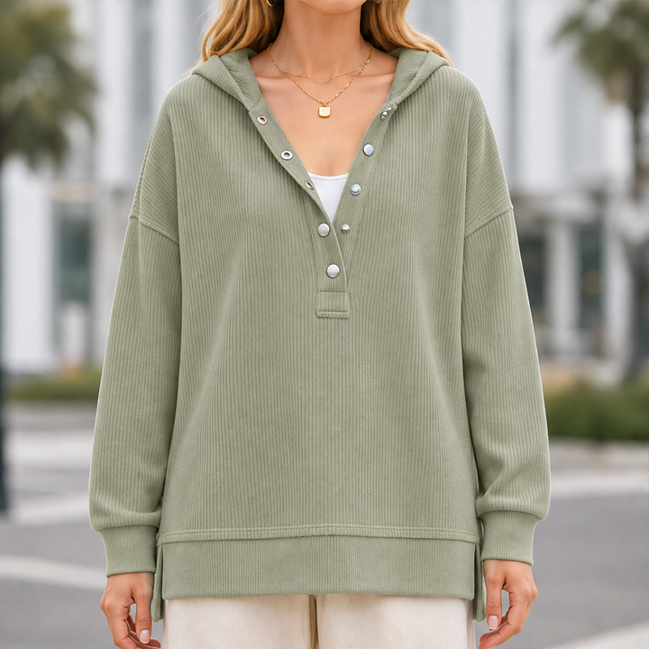 Ribwick – Ribbed Knit V-Neck Hooded Pullover with Side Slits + 50% OFF Sage Green