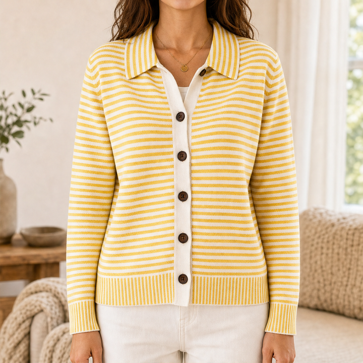Willowknit – Cozy Striped Knit Collar Cardigan + 50% OFF Yellow