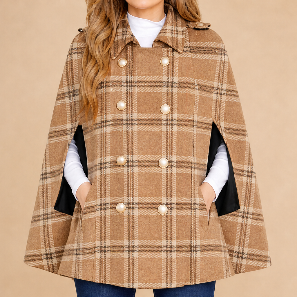 Camryn Hale – Plaid Statement-Button Cape Coat + 50% OFF Camel