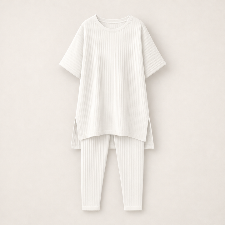 Ribleigh – Oversized Rib-Knit Top &amp; Trouser Two-Piece Set + 50% OFF White