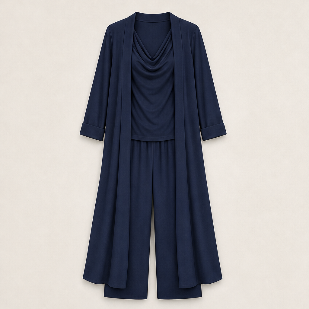 Cowlden – Draped Cowl Top, Wide-Leg Pants &amp; Long Cardigan 3-Piece Set + 50% OFF Navy
