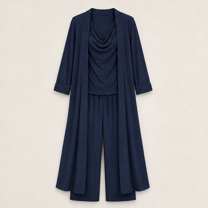 Cowlden – Draped Cowl Top, Wide-Leg Pants &amp; Long Cardigan 3-Piece Set + 50% OFF Navy