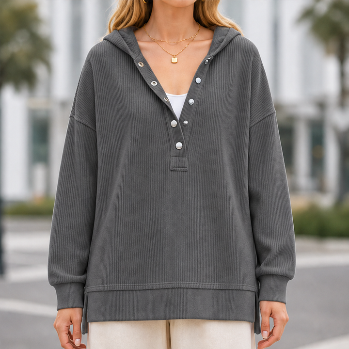 Ribwick – Ribbed Knit V-Neck Hooded Pullover with Side Slits + 50% OFF Grey