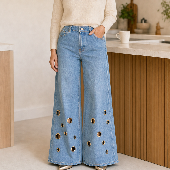 Marlowick – Vintage Wide-Leg Jeans with Gold Eyelet Detail + 50% OFF Light Blue