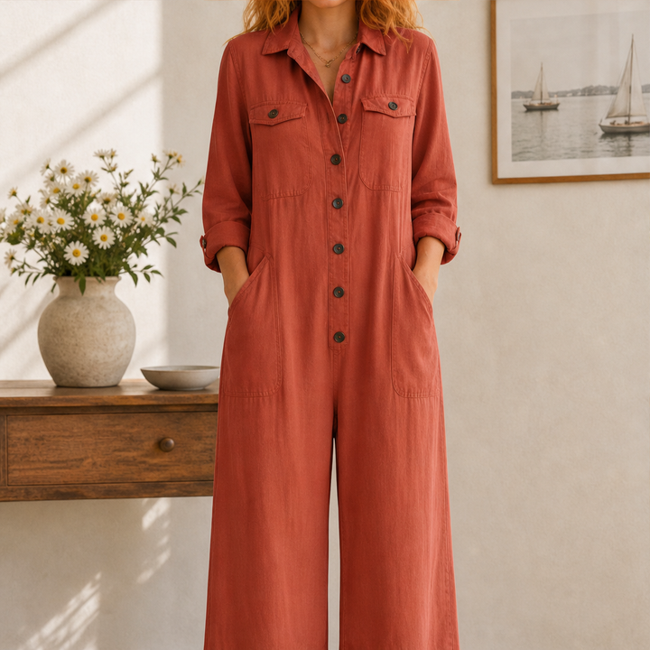 Fieldbury – Relaxed Wide-Leg Cargo Jumpsuit + 50% OFF Brick Red