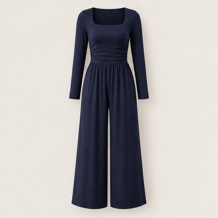 Verawide – Square-Neck Ruched-Waist Wide-Leg Jumpsuit + 50% OFF Navy