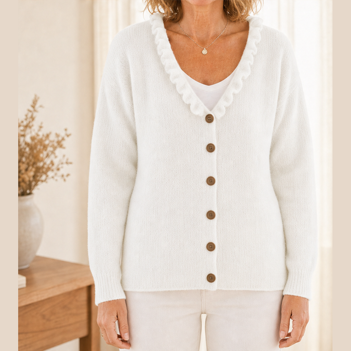 Cozelle – Ruffle Collar Soft Knit Button-Down Cardigan + 50% OFF Ivory
