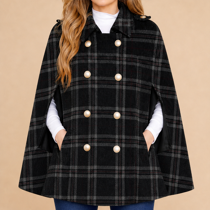 Camryn Hale – Plaid Statement-Button Cape Coat + 50% OFF Black
