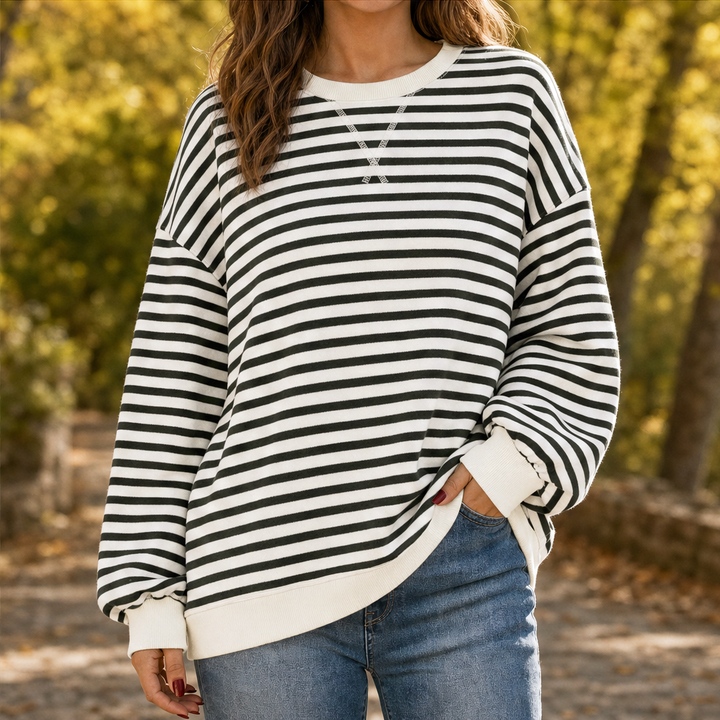 Cozelle – Striped Lantern-Sleeve Oversized Pullover Sweatshirt + 50% OFF Olive/White Stripe