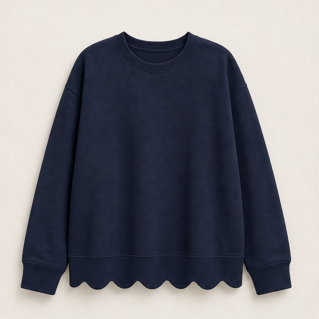 Wavella – Scalloped Hem Oversized Crew Sweatshirt + 50% OFF Navy