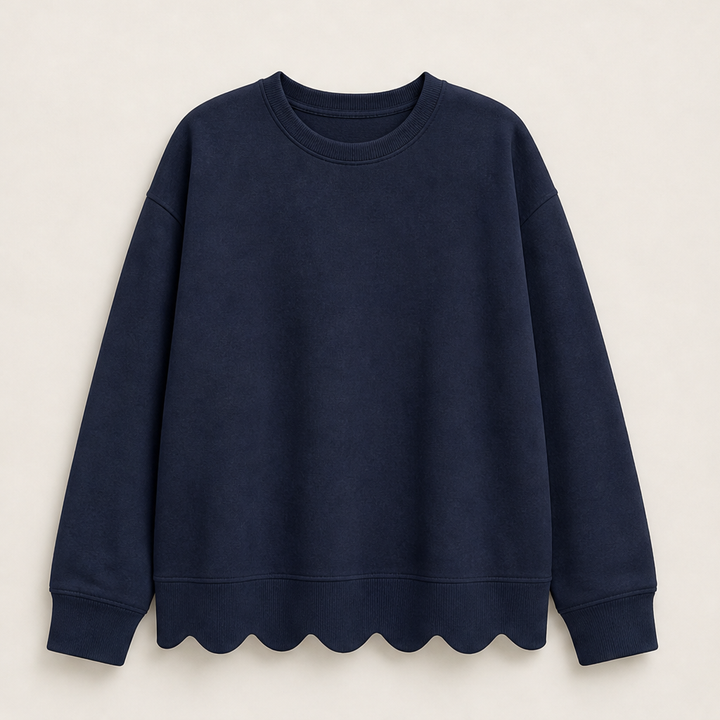 Wavella – Scalloped Hem Oversized Crew Sweatshirt + 50% OFF Navy