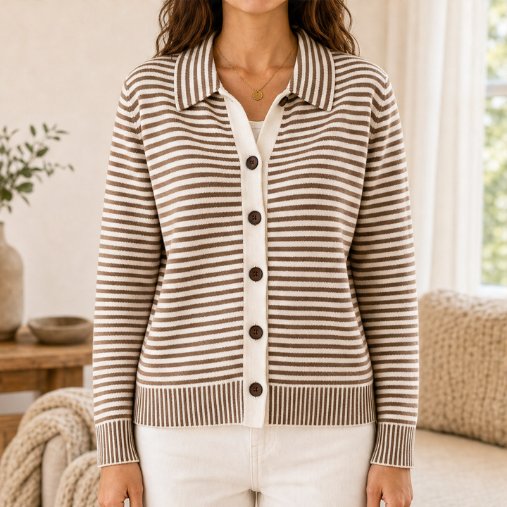 Willowknit – Cozy Striped Knit Collar Cardigan + 50% OFF Brown