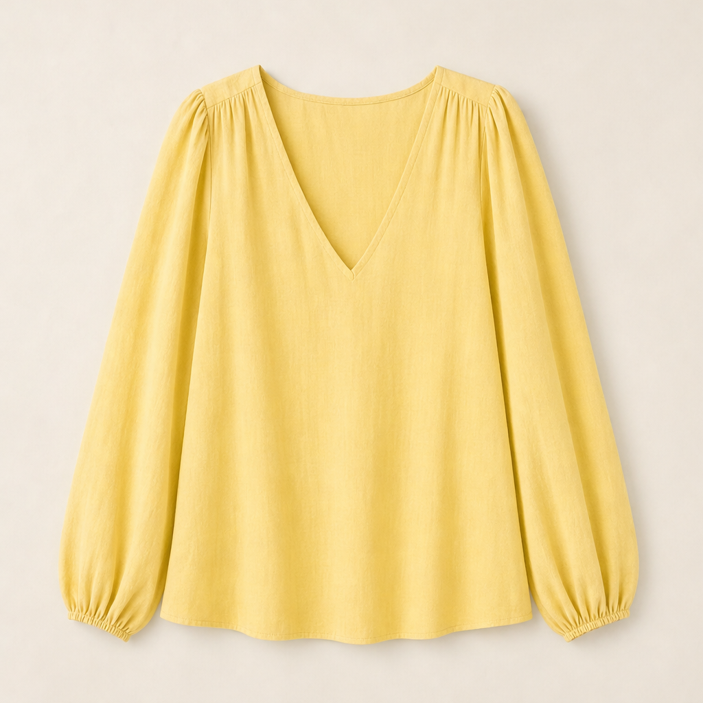 Paisleigh – V-Neck Puff Sleeve Printed Loose Top + 50% OFF Yellow