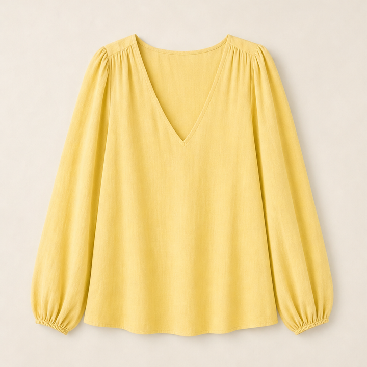 Paisleigh – V-Neck Puff Sleeve Printed Loose Top + 50% OFF Yellow