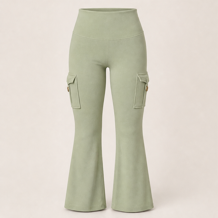 Flarelyn – High-Waist Flare Cargo Pocket Yoga Pants + 50% OFF Sage Green