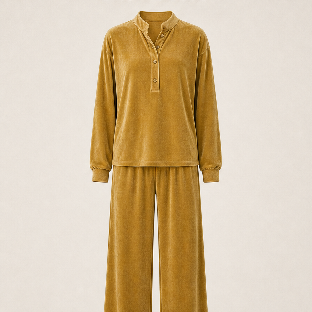 Velourin – Wide-Leg Velour Two-Piece Loungewear Set + 50% OFF Mustard