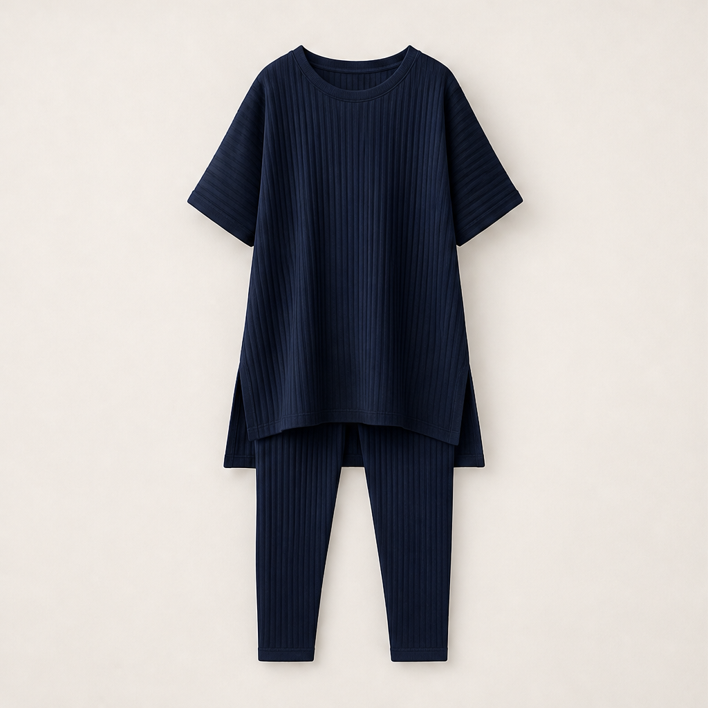 Ribleigh – Oversized Rib-Knit Top &amp; Trouser Two-Piece Set + 50% OFF Navy