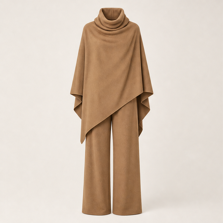Draperie – Draped Turtleneck Cape &amp; Wide-Leg Pants Set + 50% OFF Camel
