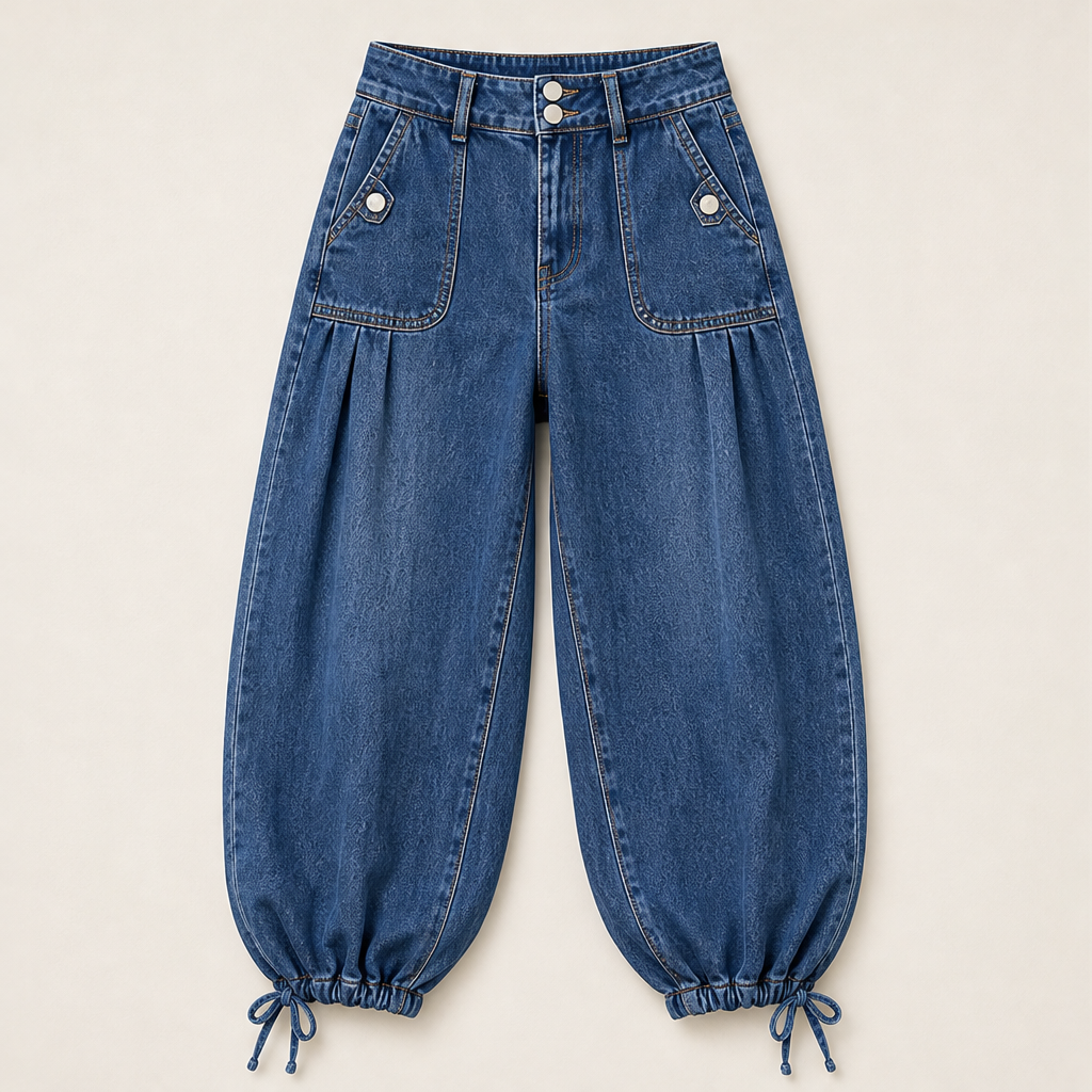 Barrelune – High Waisted Stretch Barrel Jeans with Tie Ankle Hem + 50% OFF Dark Wash Blue