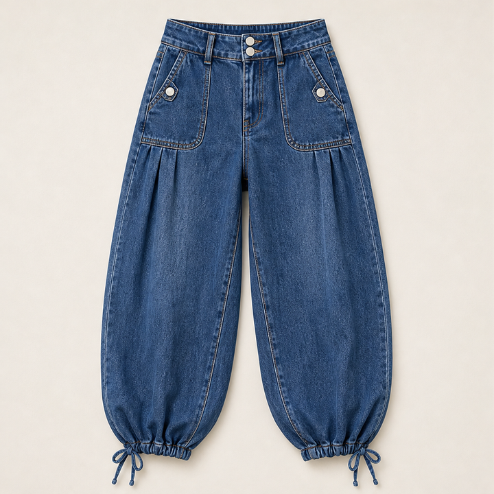 Barrelune – High Waisted Stretch Barrel Jeans with Tie Ankle Hem + 50% OFF Dark Wash Blue