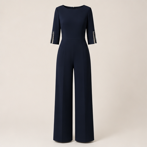 Ashcroft Muse – Beaded Cuff Slim-Waist Wide Leg Jumpsuit Navy