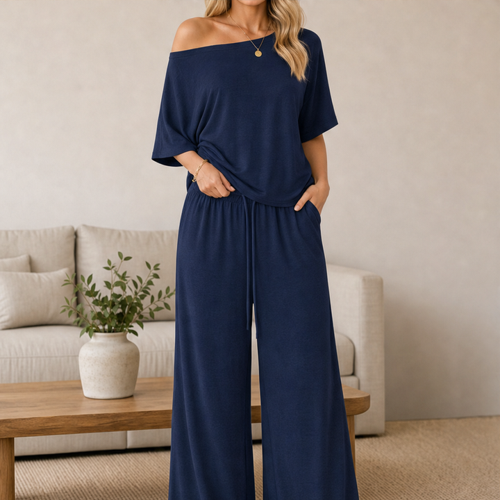 Cloudmere – Off-Shoulder Top &amp; Wide-Leg Pants Lounge Set + 50% OFF Navy