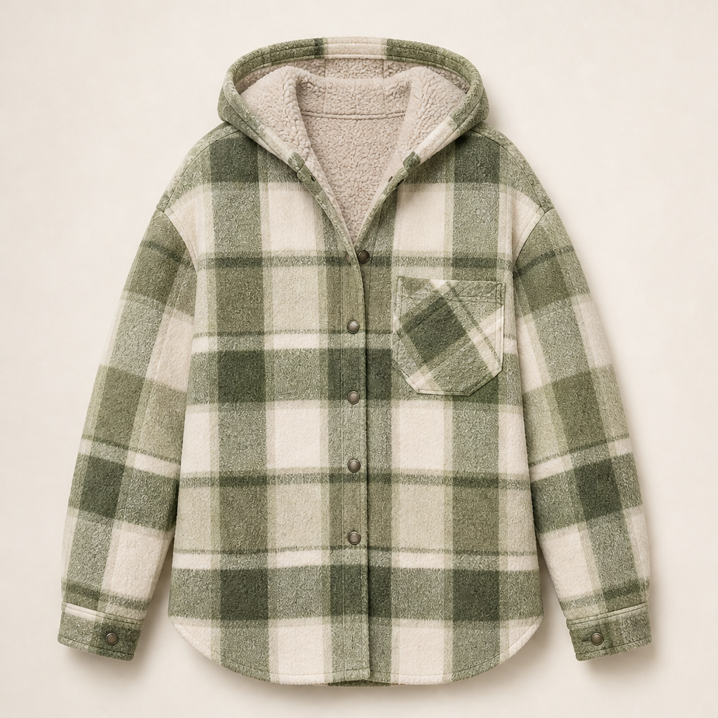 Hearthfold – Cozy Plaid Sherpa-Lined Hooded Jacket + 50% OFF Green