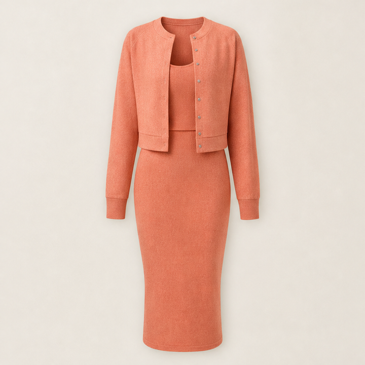 Ambrette – Ribbed Bodycon Dress &amp; Cropped Jacket Two-Piece Set + 50% OFF Coral