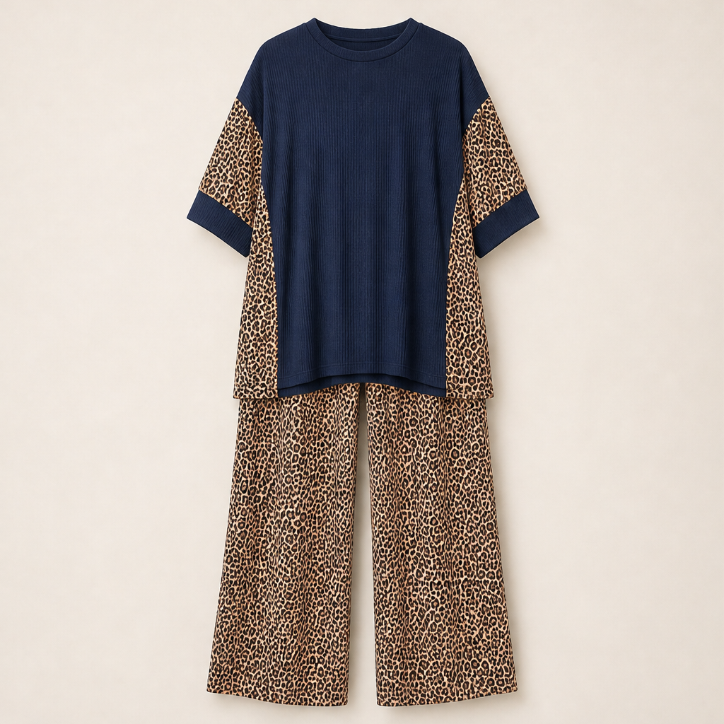 Fauxpelle – Oversized Tunic &amp; Wide-Leg Pants Leopard Two-Piece Set + 50% OFF Navy