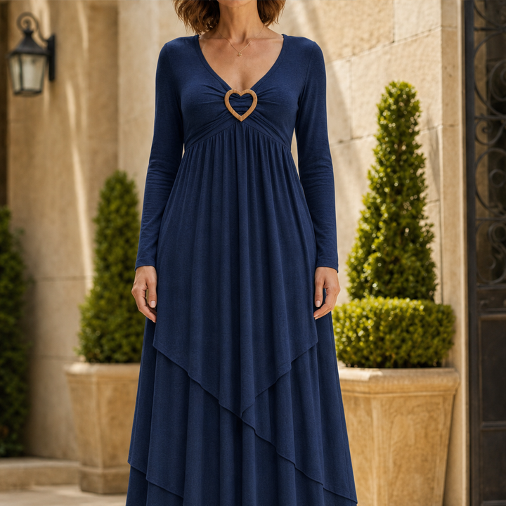 Tierwyn – Slimming A-Line Layered Maxi Dress with Heart Detail + 50% OFF Navy
