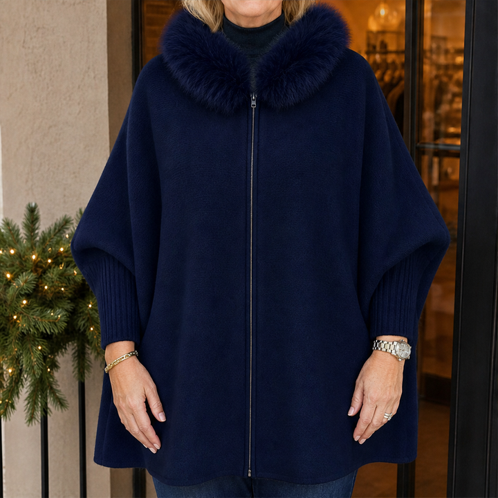 Vailfur – Faux Fox Fur Collar Cozy Cape Poncho + 50% OFF Navy