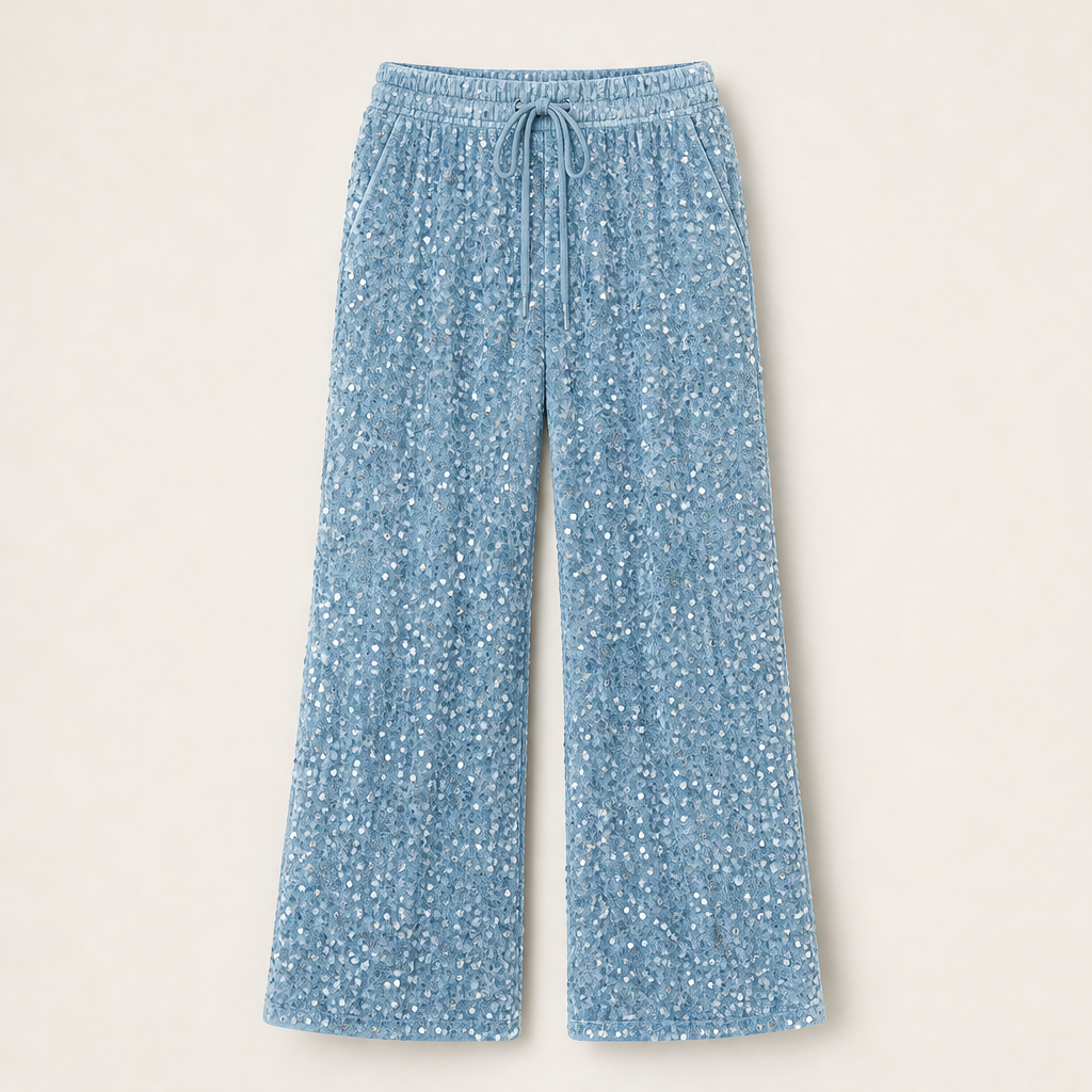 Velvara – Velvet-Backed Sequin Wide-Leg Trousers + 50% OFF Blue