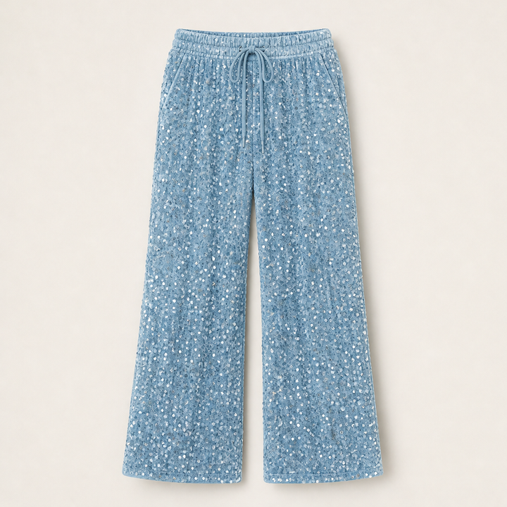 Velvara – Velvet-Backed Sequin Wide-Leg Trousers + 50% OFF Blue
