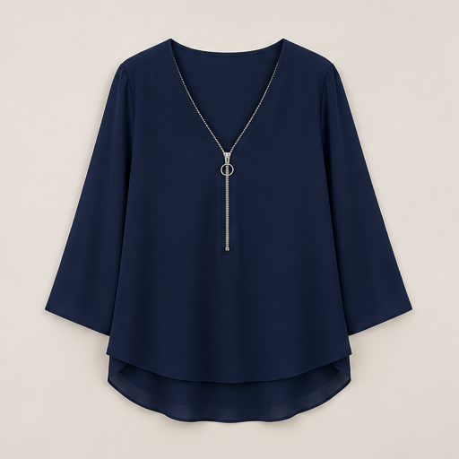 Silkaven – Double-Layer Zipper V-Neck Flowy Chiffon Top + 50% OFF Navy