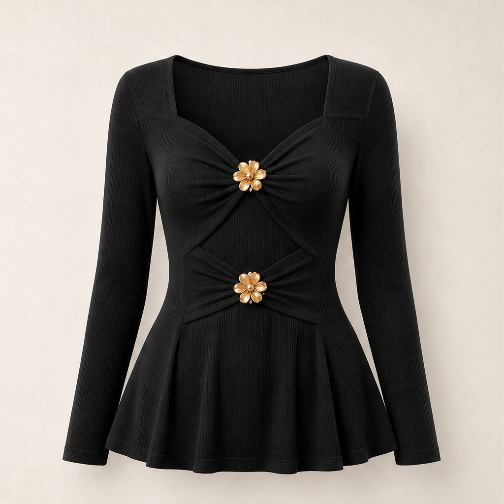 Fleurmont – V-Neck Peplum Top with Metallic Flower Accents + 50% OFF Black