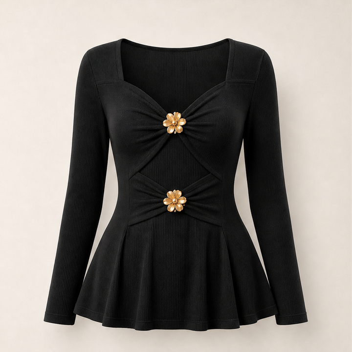 Fleurmont – V-Neck Peplum Top with Metallic Flower Accents + 50% OFF Black
