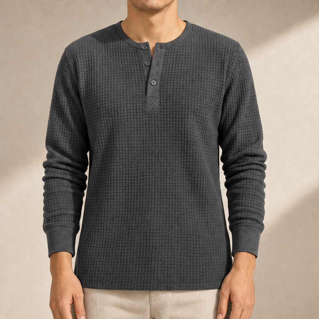 Ashcroft Mill – Waffle Knit Long Sleeve Henley Shirt + 50% OFF Charcoal