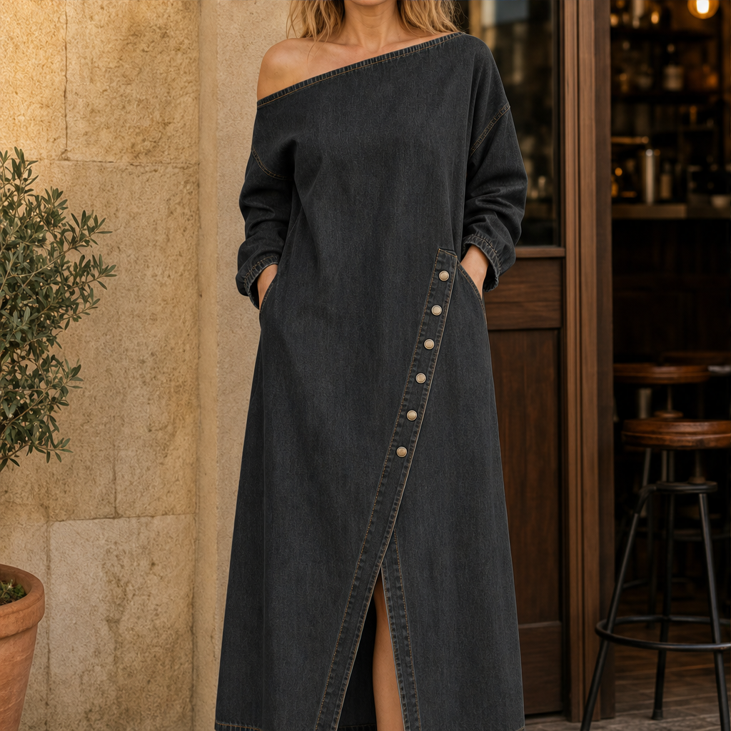 Willowdusk – Off-Shoulder Side-Slit Denim Maxi Dress + 50% OFF Black Denim