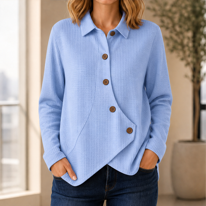 Willowick – Crossover Hem Waffle Knit Button Top + 50% OFF Light Blue