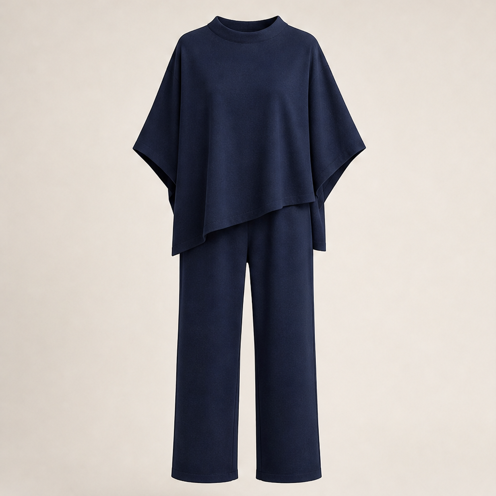 Calmora – Batwing Capelet Top and Wide Leg Pants Set + 50% OFF Navy