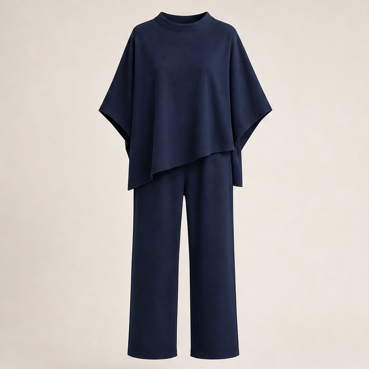 Calmora – Batwing Capelet Top and Wide Leg Pants Set + 50% OFF Navy