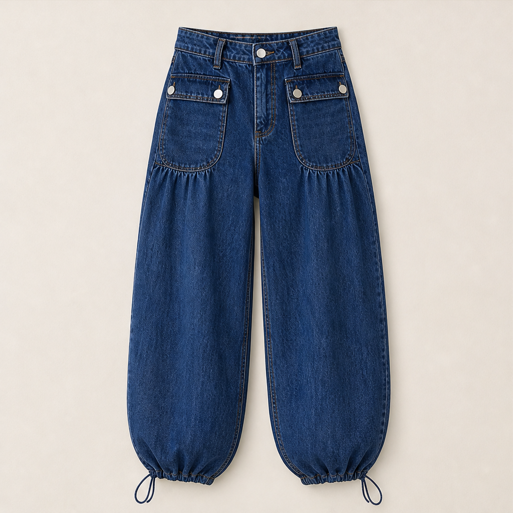 Millrow – Adjustable-Cuff High-Waist Balloon Jeans + 50% OFF Navy