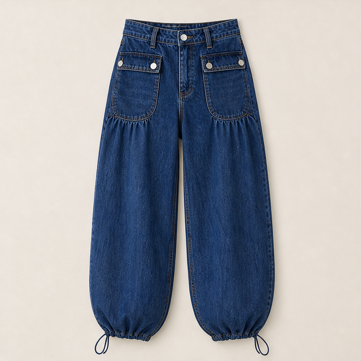 Millrow – Adjustable-Cuff High-Waist Balloon Jeans + 50% OFF Navy