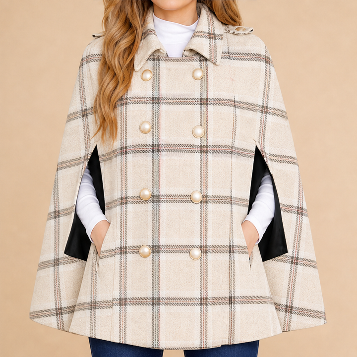 Camryn Hale – Plaid Statement-Button Cape Coat + 50% OFF Beige