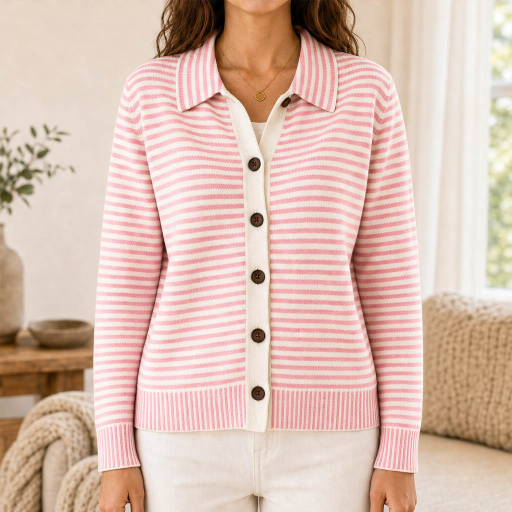 Willowknit – Cozy Striped Knit Collar Cardigan + 50% OFF Pink